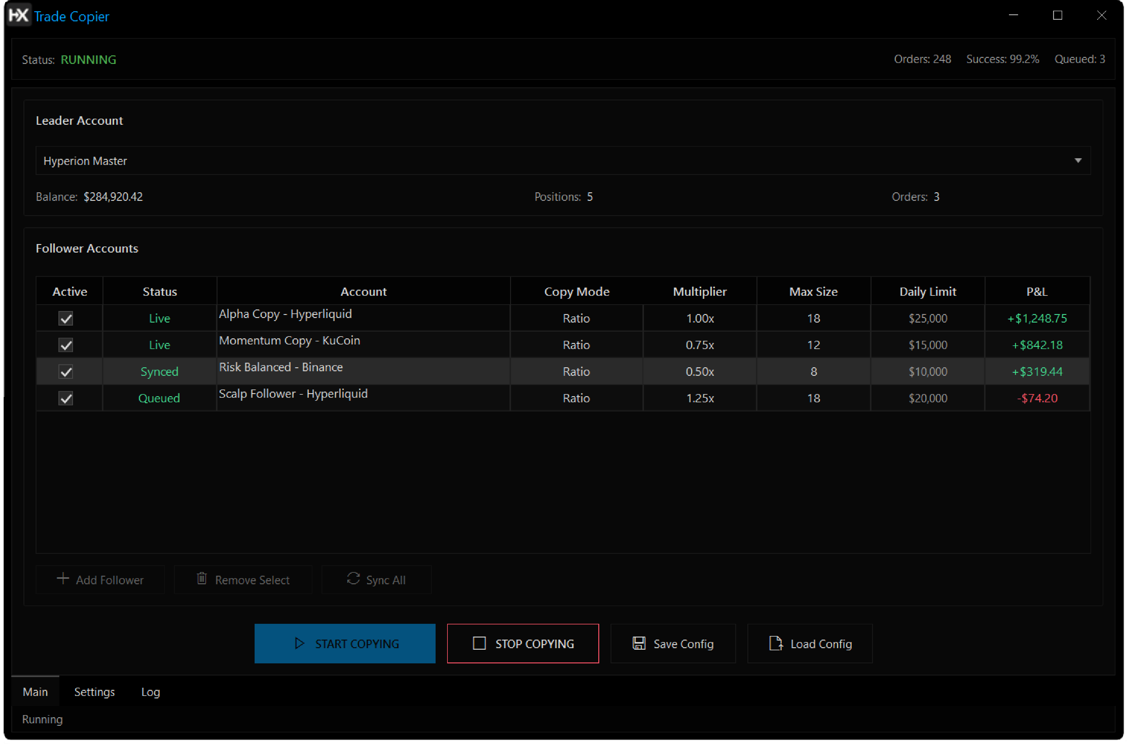 HyperionX trade copier workspace